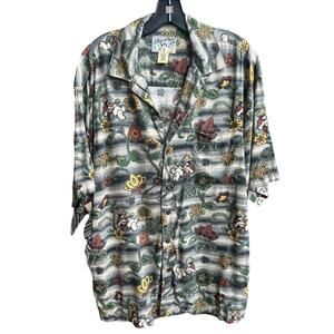 Big Dogs Vintage Mens Med Hawaiian Shirt Gray Ukulele Floral Stripe Short Sleeve